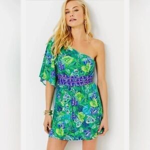 Lilly Pulitzer Niki One-Shoulder Romper Size 14 Botanical Green In A Flutter